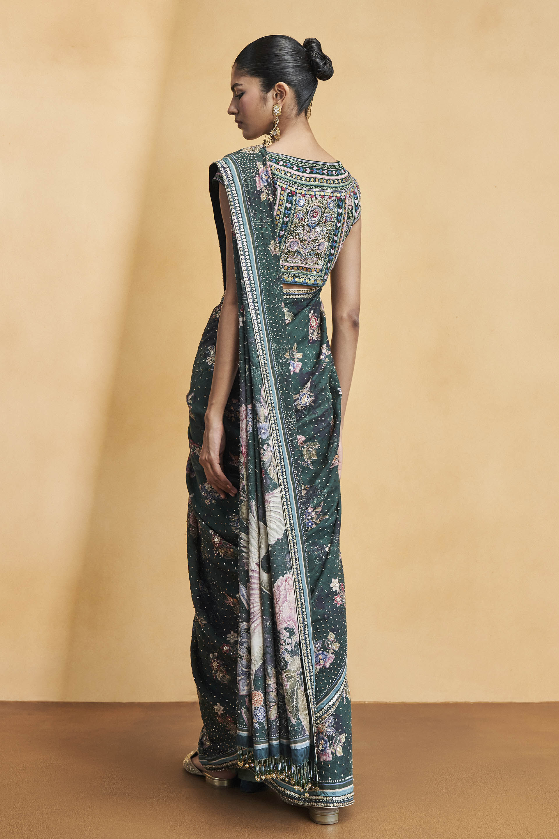 Flamingos In Flight Zardozi Embroidered Saree - Green, Green, image 3